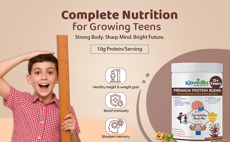 KidVediks Kids Protein Powder Ages 13+ | 350g | Growth Booster | Nutrition Drink | Health Drink for kids | 10g Protein/Serving | 23 Vitamins & Minerals | DHA, Calcium, Zinc | | Yummy Chocolate Flavour| Supports Health & Growth | No Refined Sugar ,Artificial Flavours or Preservatives
