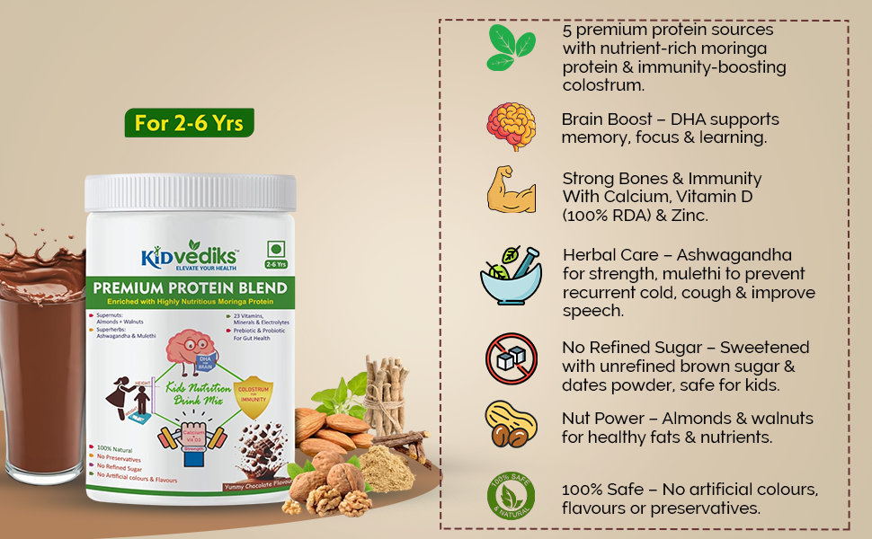 Kidvediks Kids Protein Powder for 2–6 Years (350g) | Nutrition Drink Mix | Health Drink for kids - 23Vitamins & Minerals ,DHA, Moringa, calcium,zinc| No Refined Sugar, Artificial Flavours or Preservatives| Chocolate Flavour | Super Food | Supports Healthy Growth & Immunity Booster| With Almonds, Walnuts, Ashwagandha & Mulethi