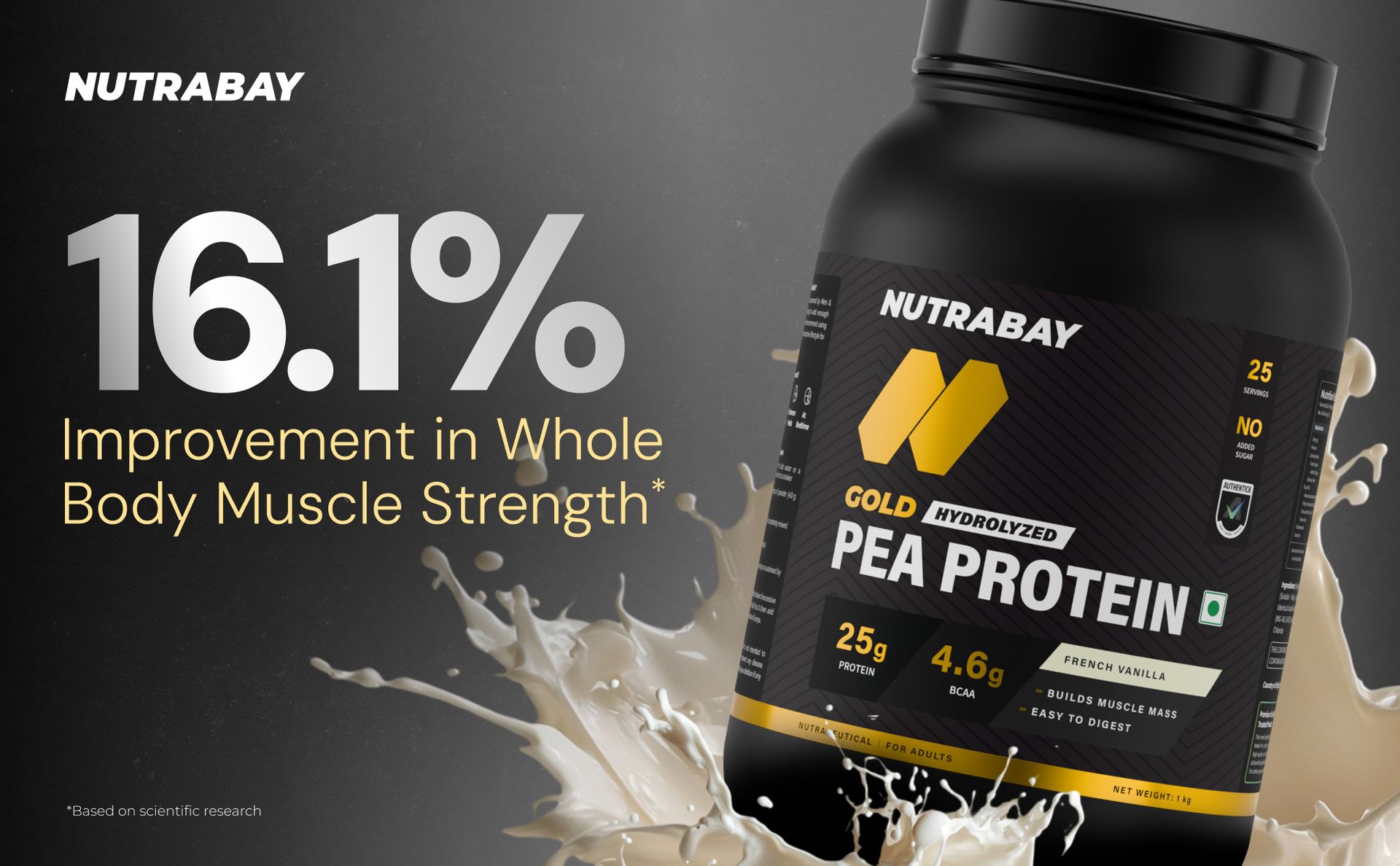 NUTRABAY Gold Hydrolyzed Pea Protein Powder - 1kg, French Vanilla | 25g Protein, 4.6g BCAA, 5g Fiber | Complete Amino Profile | Tastiest & Smoothest Vegan, Plant Protein | Muscle Gain & Fast Recovery
