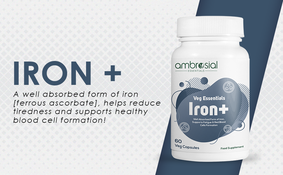 Ambrosial Iron Tablets High Strength 25mg| Iron Supplement for Women & Men| Blood Support & Helps Reduce Tiredness & Fatigue | Enhanced Absorption & Non - Constipating (Pack of 1-60 Capsules)