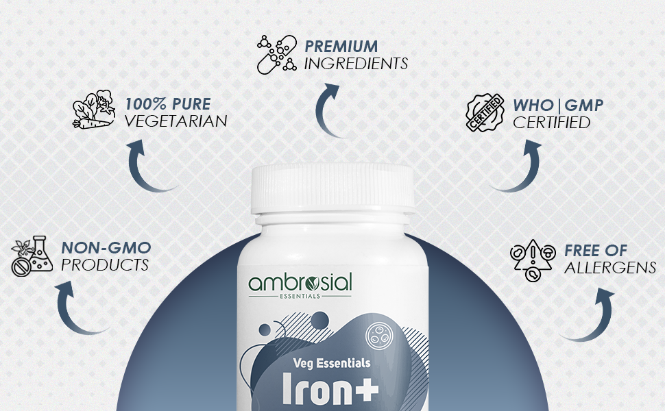 Ambrosial Iron Tablets High Strength 25mg| Iron Supplement for Women & Men| Blood Support & Helps Reduce Tiredness & Fatigue | Enhanced Absorption & Non - Constipating (Pack of 1-60 Capsules)
