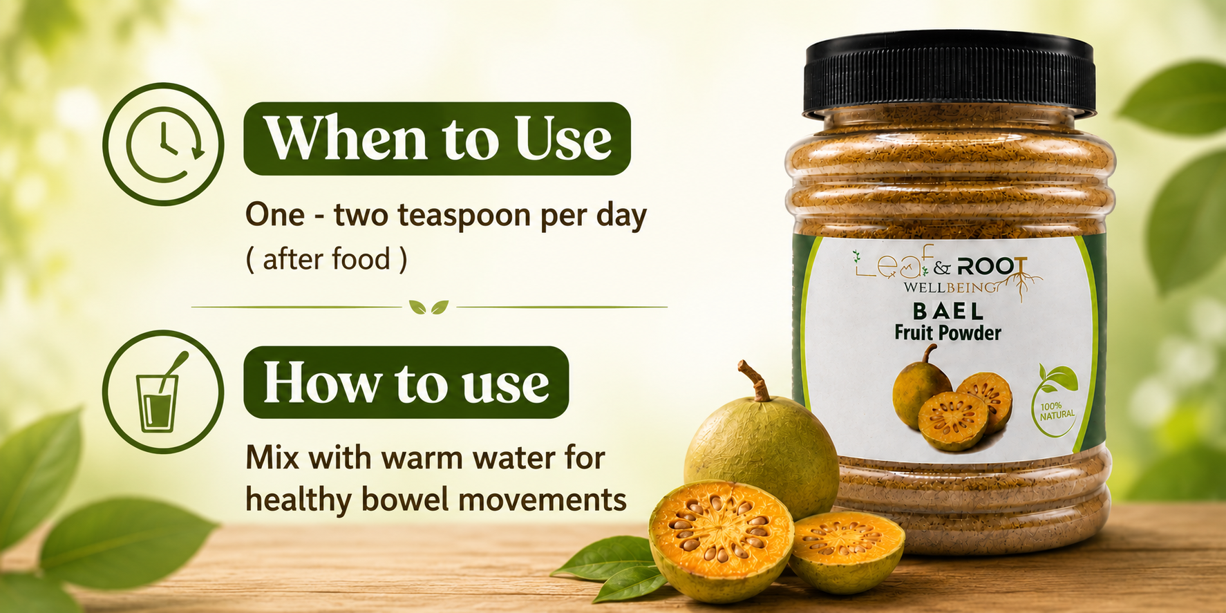 Leaf & Root Wellbeing Bael Fruit Powder 100g | 100% Pure Bael Powder | Belgiri | Aegle Marmelos | Wood Apple Fruit | Plant-Based | No Added Sugar, Preservatives or Artificial Colors