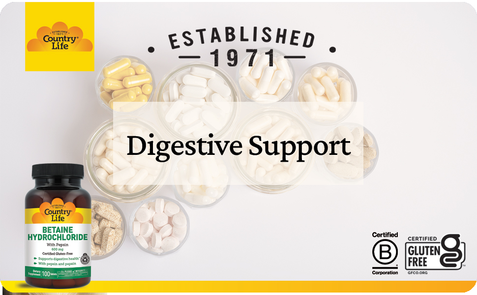 Country Life Betaine Hydrochloride with Pepsin, 600mg, 100 Tablets, Certified Gluten Free