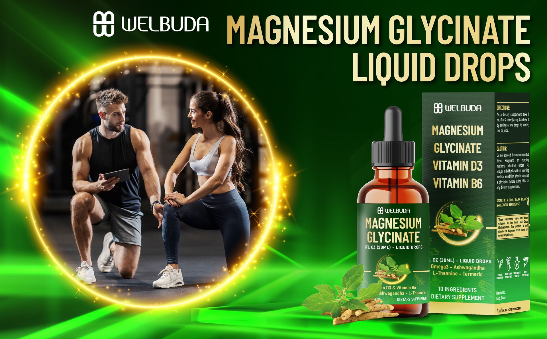 10in1 Magnesium Glycinate Liquid Drop with Omega-3, Vitamin D3, Vitamin B6, Ashwagandha, L-Theanine, Turmeric, Rhodiola Rosea, Elderberry, Lemon Balm - 1 FL Oz - 30 Days Supply