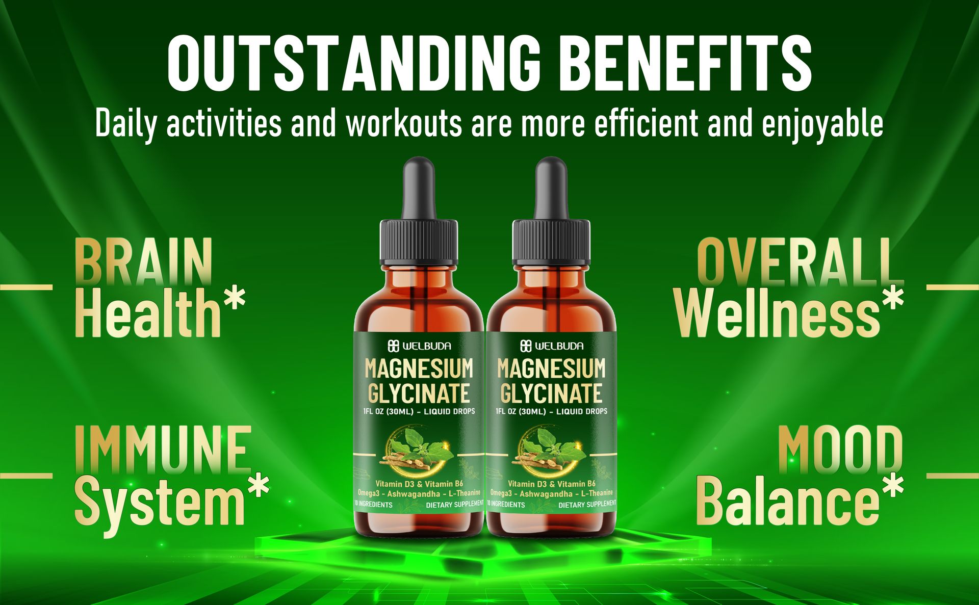 10in1 Magnesium Glycinate Liquid Drop with Omega-3, Vitamin D3, Vitamin B6, Ashwagandha, L-Theanine, Turmeric, Rhodiola Rosea, Elderberry, Lemon Balm - 1 FL Oz - 30 Days Supply