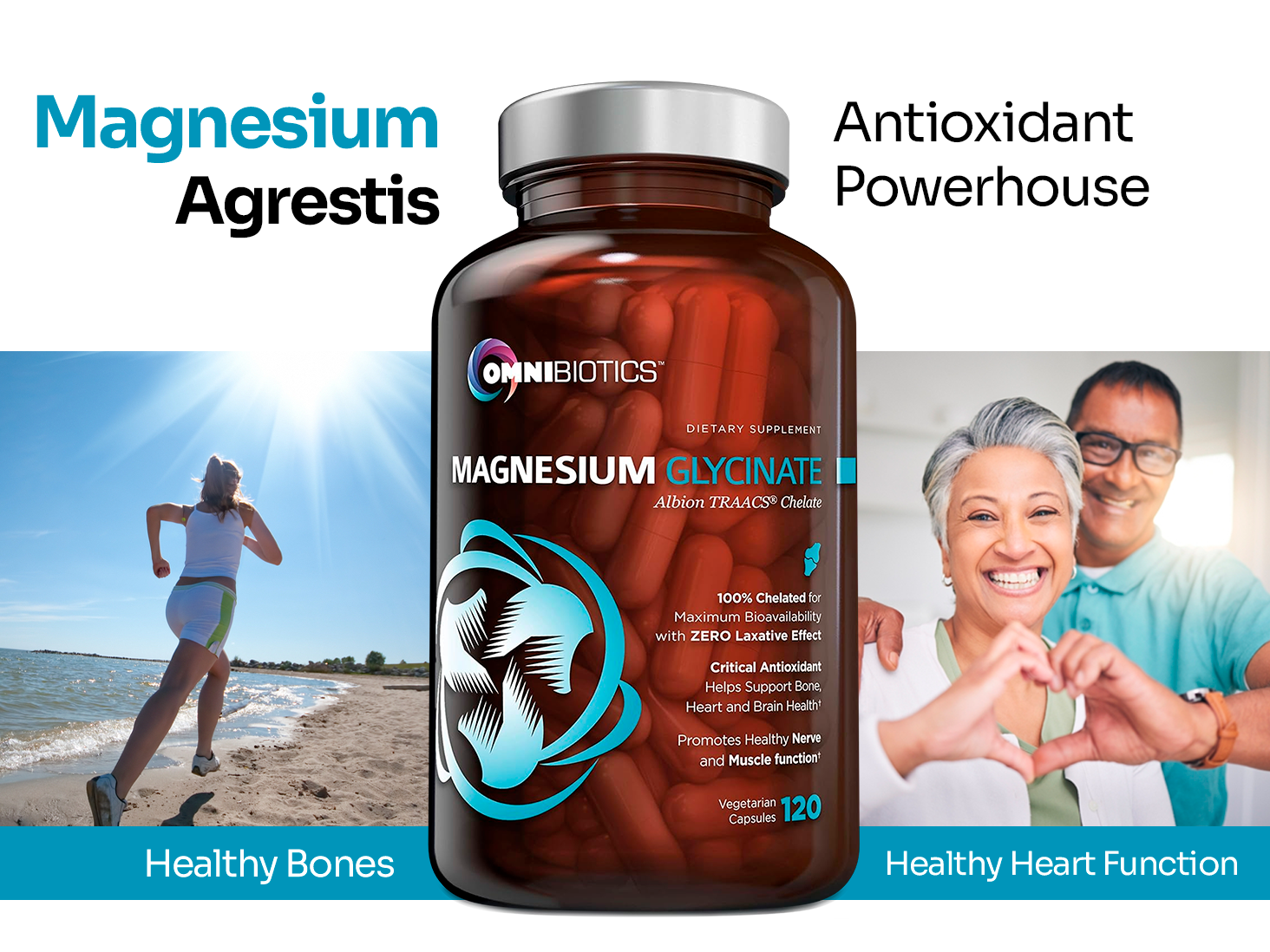 OmniBiotics Magnesium Glycinate Supplement – with 100% Pure Albion TRAACS Bisglycinate Chelate for Sleep, Muscle, Nerve & Heart Health – 120 Vegan Capsules
