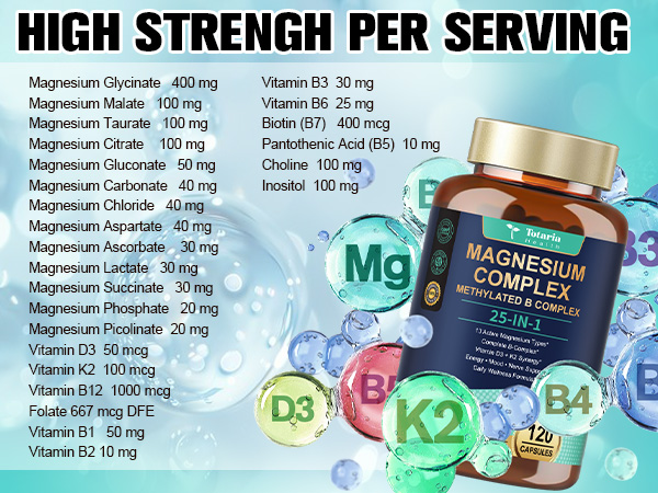 25-in-1 Magnesium Complex w/Methylated B Complex Women Men, 2 Bottles