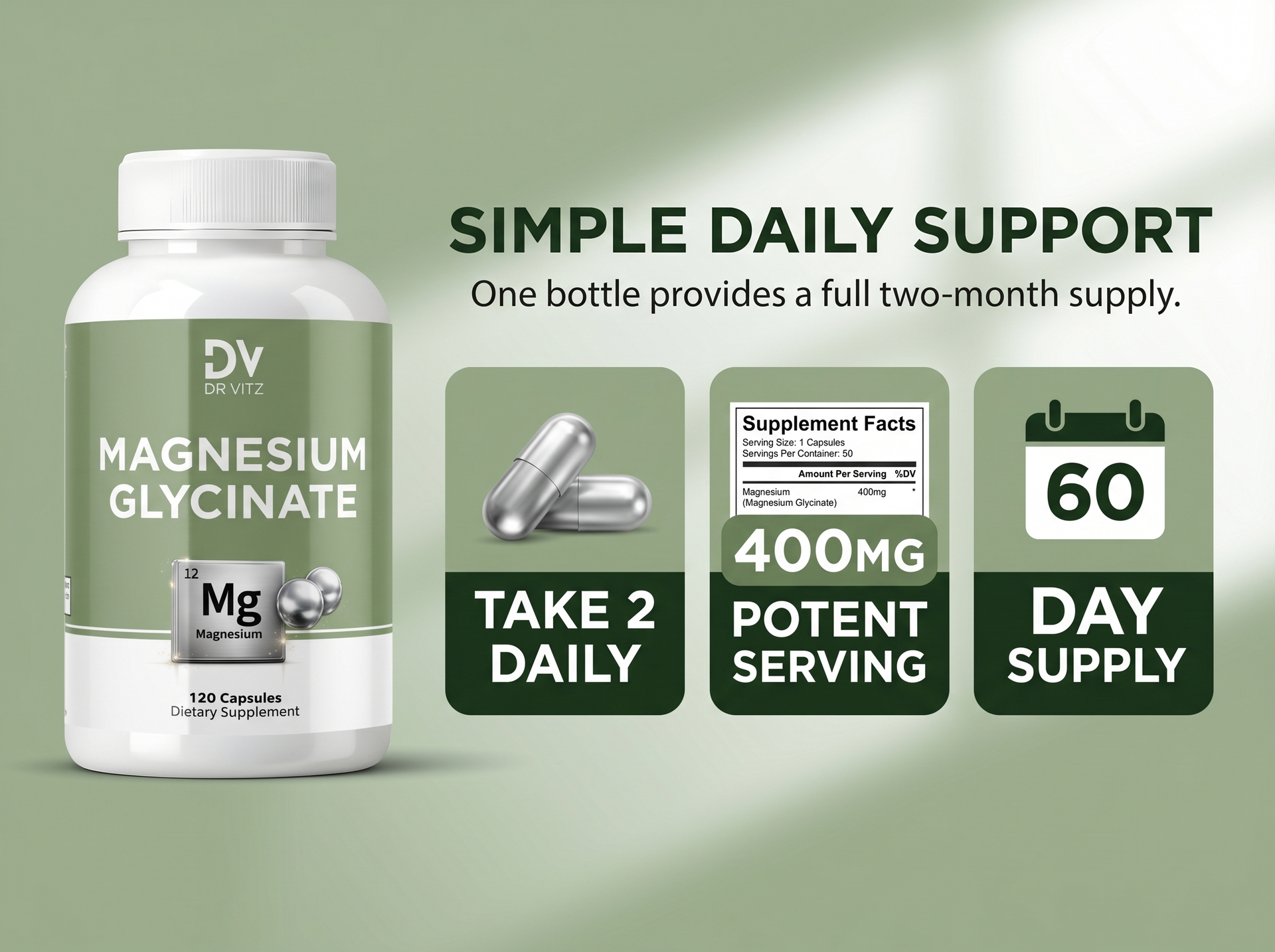 Magnesium Glycinate 400mg Per Serving (200mg Per Capsule) - 120 Vegan Capsules, 2 Month Supply | High Absorption Chelated Magnesium for Sleep, Stress, Muscle & Nerve Support