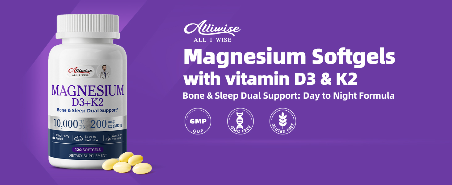 Magnesium Glycinate 400mg Softgels with D3 K2 Vitamin 10000 iu, 120 Gelcaps