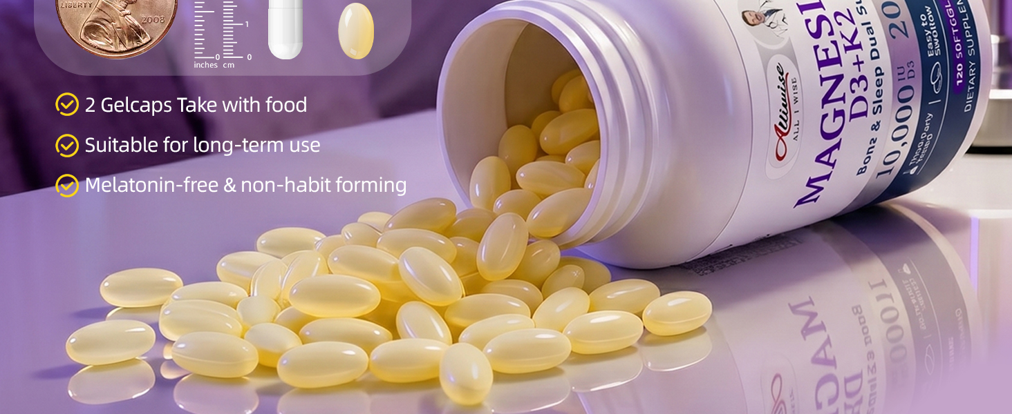 Magnesium Glycinate 400mg Softgels with D3 K2 Vitamin 10000 iu, 120 Gelcaps