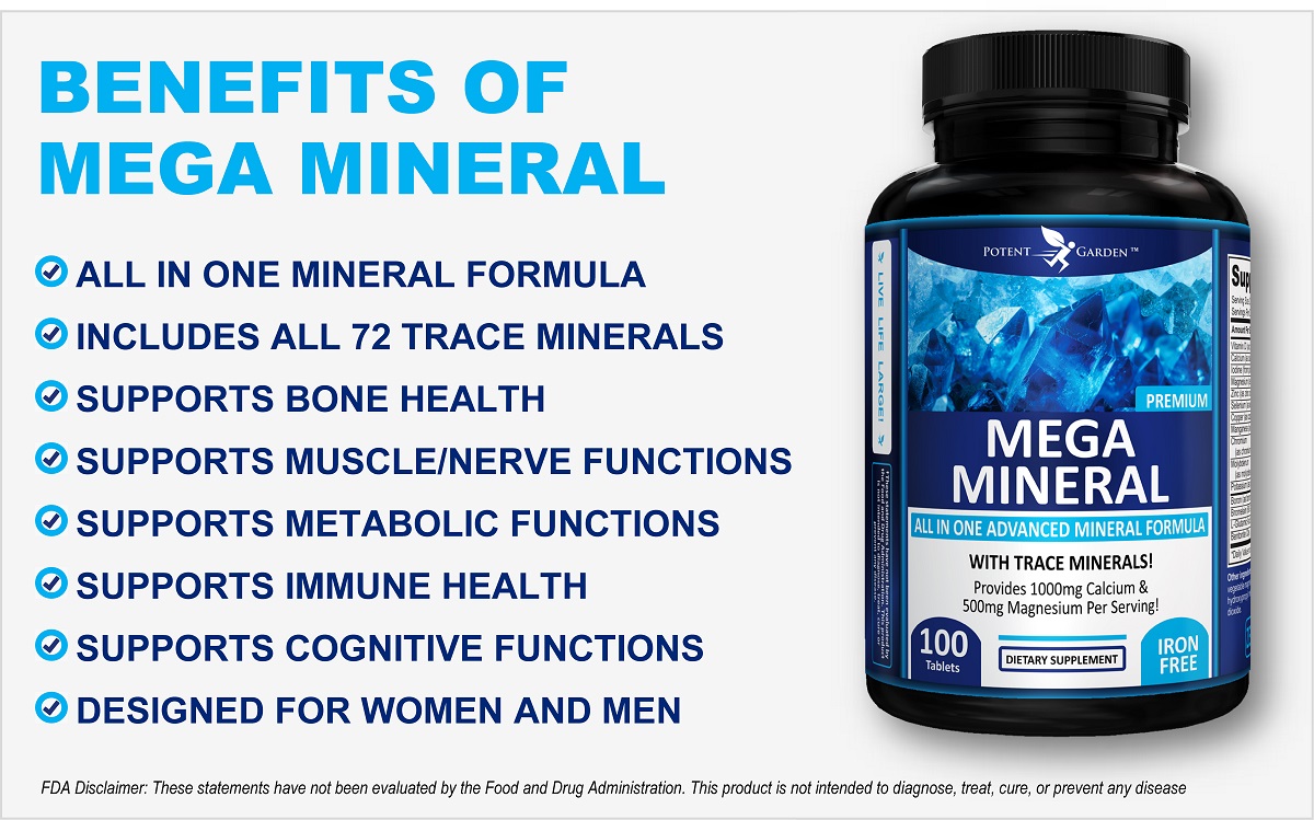 Potent Garden 2-Pack Mega Mineral Supplement Complete Mineral Complex with Calcium Magnesium Zinc Potassium Boron Selenium Chromium & 72 Trace Minerals Iron Free Calcium Supplement -200 Pills