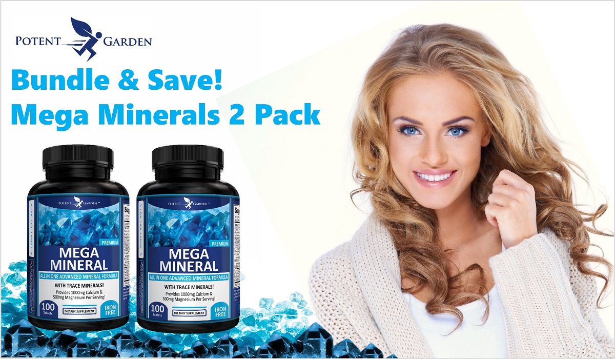 Potent Garden 2-Pack Mega Mineral Supplement Complete Mineral Complex with Calcium Magnesium Zinc Potassium Boron Selenium Chromium & 72 Trace Minerals Iron Free Calcium Supplement -200 Pills