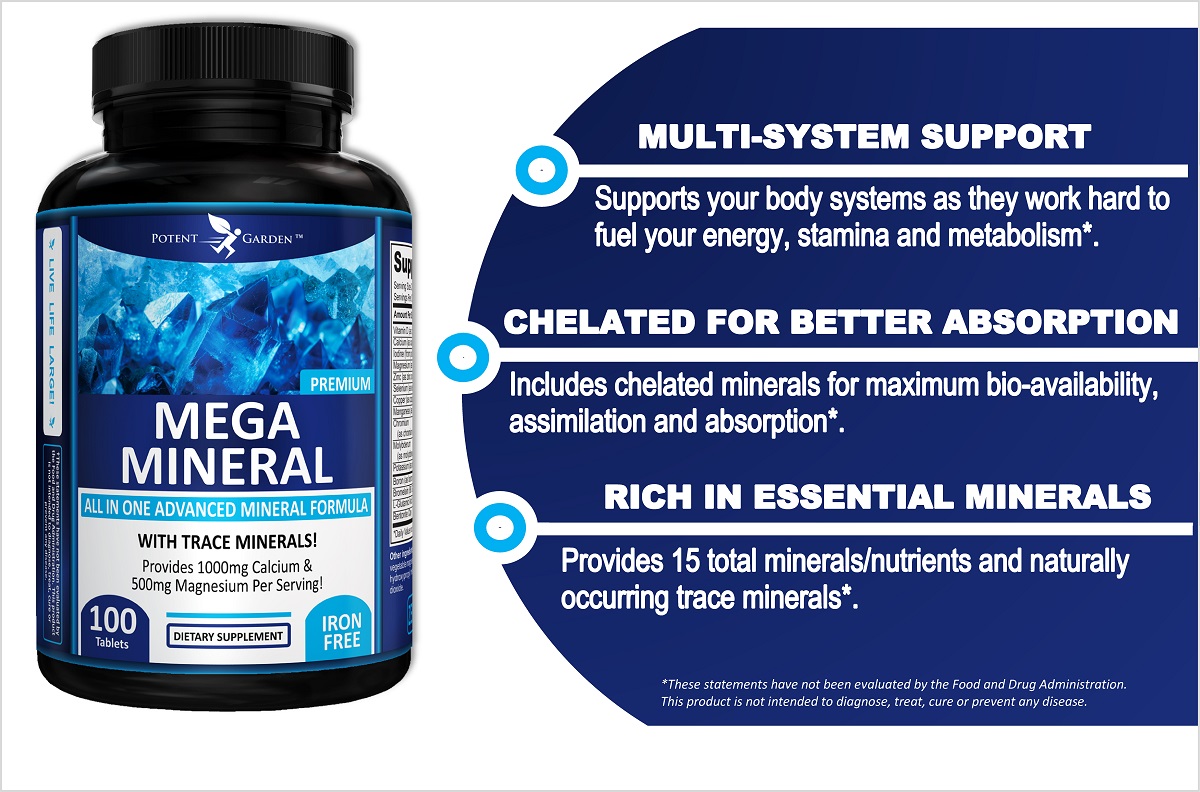 Potent Garden 2-Pack Mega Mineral Supplement Complete Mineral Complex with Calcium Magnesium Zinc Potassium Boron Selenium Chromium & 72 Trace Minerals Iron Free Calcium Supplement -200 Pills