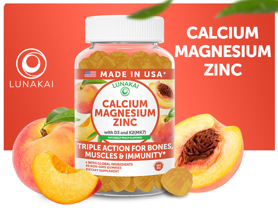 Lunakai USA Made Calcium Magnesium Zinc Gummies with Vitamin D3 & K2, 60ct