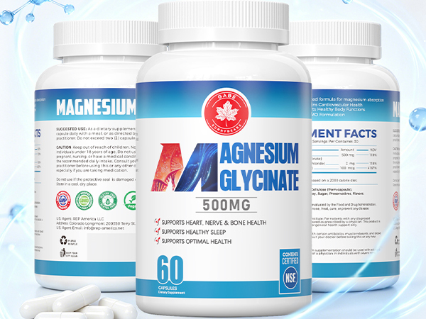 Magnesium Glycinate 500mg – NSF Certified – with B6 & B12, for Sleep, Relaxation & Muscle Support – Gentle on the Stomach for Men & Women – 60 Capsules