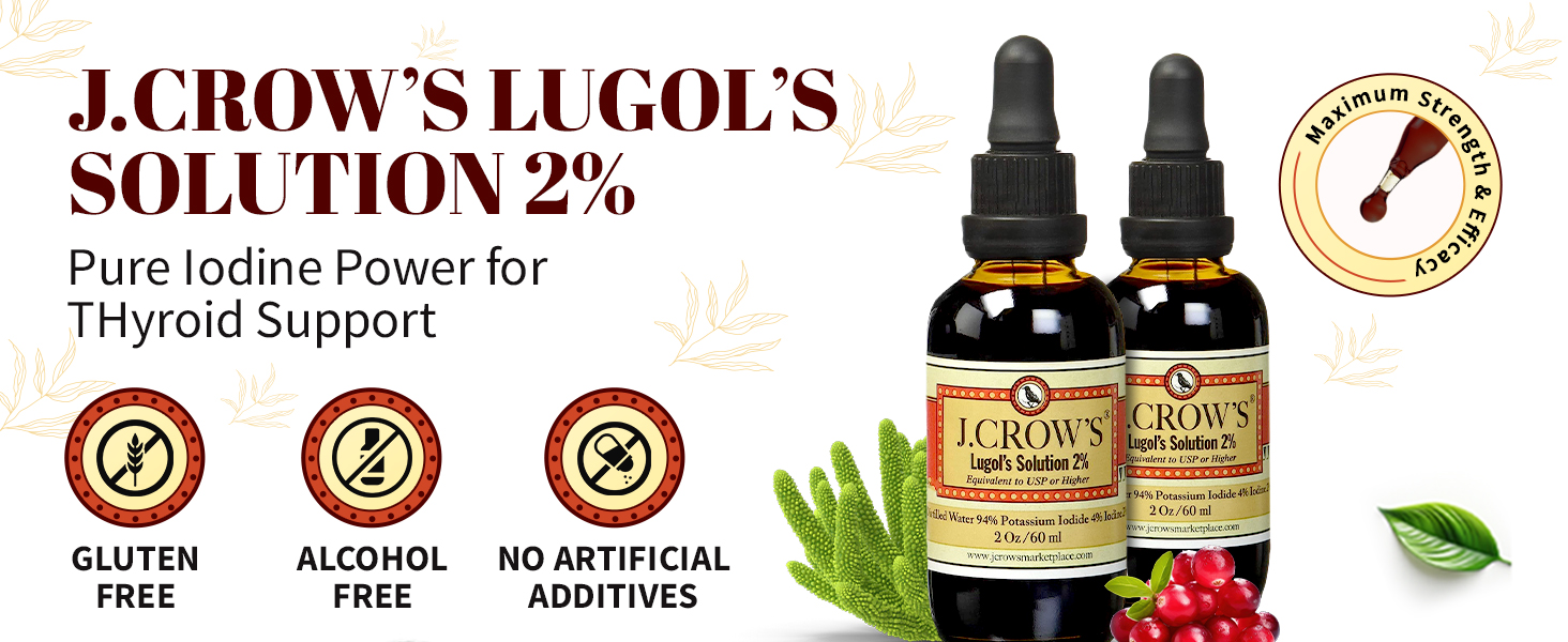 J.CROW'S® Lugol's Solution of Iodine 2% 2 oz (1 Bottle) – Premium Iodine & Potassium Iodide Liquid, Gluten & Alcohol-Free Natural Brine Extract, No Expiration - 1200 Drops