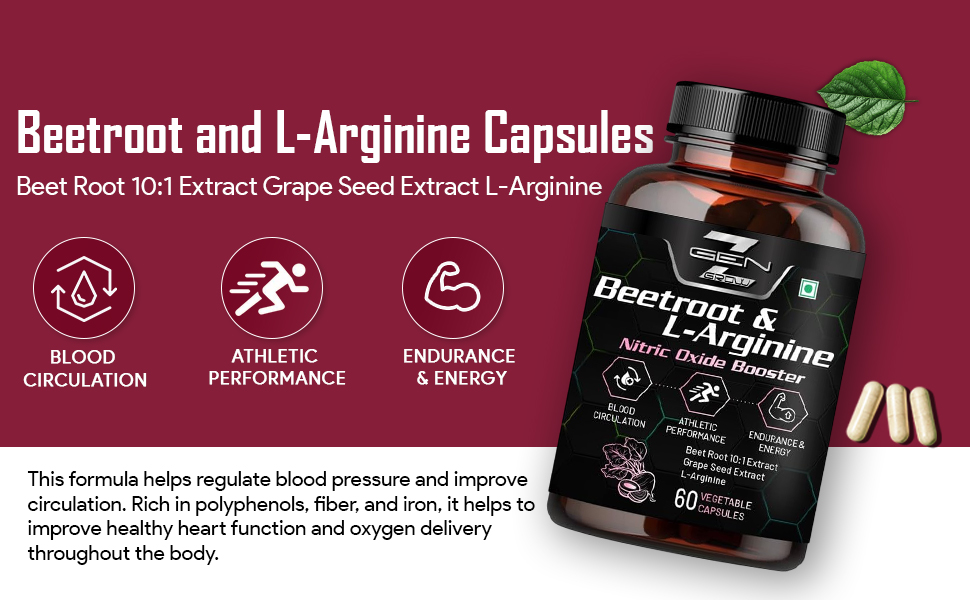 Beetroot and L-Arginine Capsules, Helps Support Nitric Oxide Production, Blood Pressure, Heart Health, Contains Non-GMO Beetroot Powder, Grape Seed Extract (60 Caps, Pack of 1)