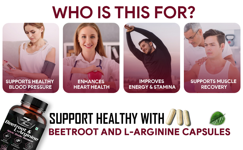 Beetroot and L-Arginine Capsules, Helps Support Nitric Oxide Production, Blood Pressure, Heart Health, Contains Non-GMO Beetroot Powder, Grape Seed Extract (60 Caps, Pack of 1)