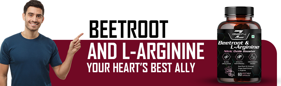 Beetroot and L-Arginine Capsules, Helps Support Nitric Oxide Production, Blood Pressure, Heart Health, Contains Non-GMO Beetroot Powder, Grape Seed Extract (60 Caps, Pack of 1)