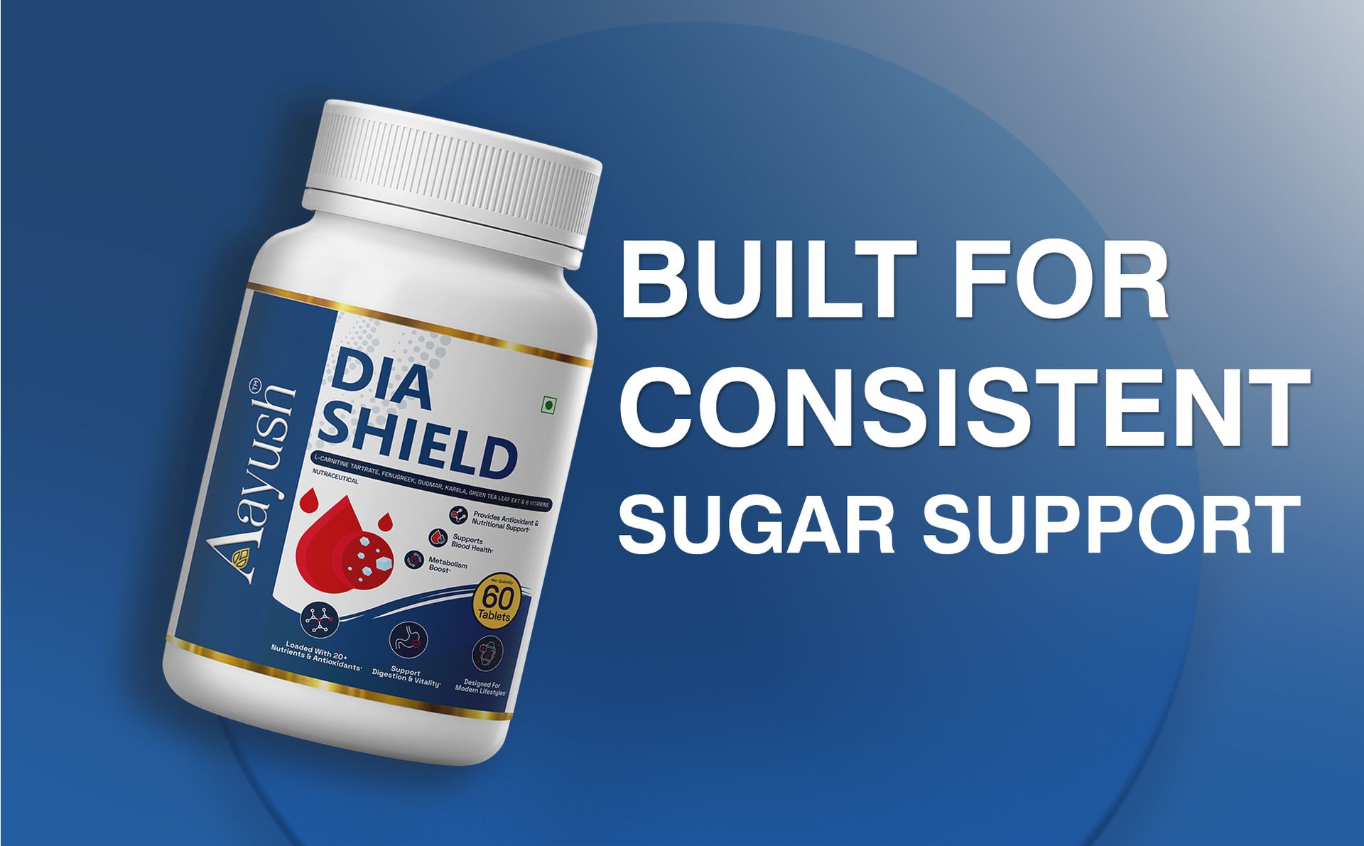 Aayush Wellness Dia Shield Blood Sugar Support Formula with Fenugreek, Cinnamon, Gymnema, Turmeric & Alpha Lipoic Acid | Metabolic Support, Energy Support & Wellness Supplement - 60 Tablets