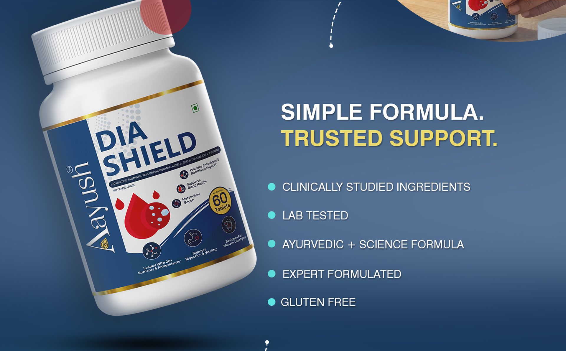Aayush Wellness Dia Shield Blood Sugar Support Formula with Fenugreek, Cinnamon, Gymnema, Turmeric & Alpha Lipoic Acid | Metabolic Support, Energy Support & Wellness Supplement - 60 Tablets