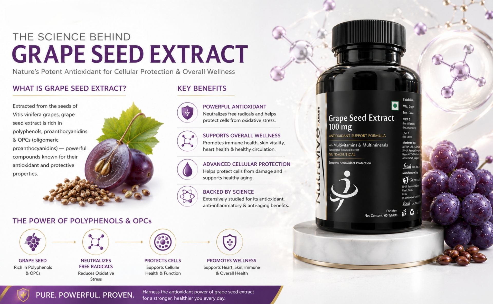 Antioxidant, Grape Seed Extract 100mg | Helps Combat Oxidative Stress | Supports Healthy Skin & Immune Function | With Multivitamins & Multiminerals | 60 Tablets