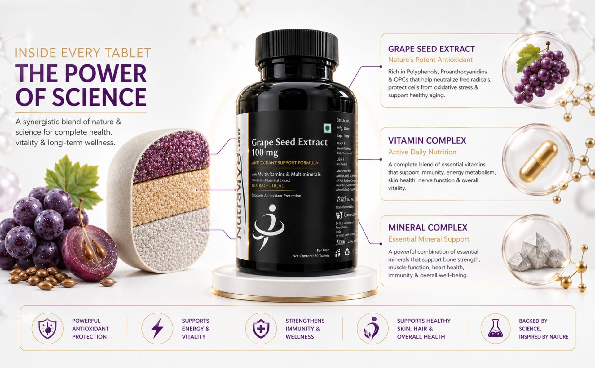 Antioxidant, Grape Seed Extract 100mg | Helps Combat Oxidative Stress | Supports Healthy Skin & Immune Function | With Multivitamins & Multiminerals | 60 Tablets