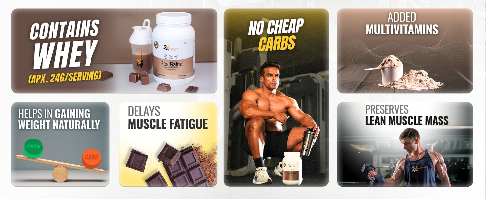 REALGAINZ by 2X Nutrition | High-protein mass gainer | 78g Carbs per serving | High protein (26g) Natural weight gain | Build lean muscle mass | contains digestive enzymes (1Kg, Belgian Chocolate)