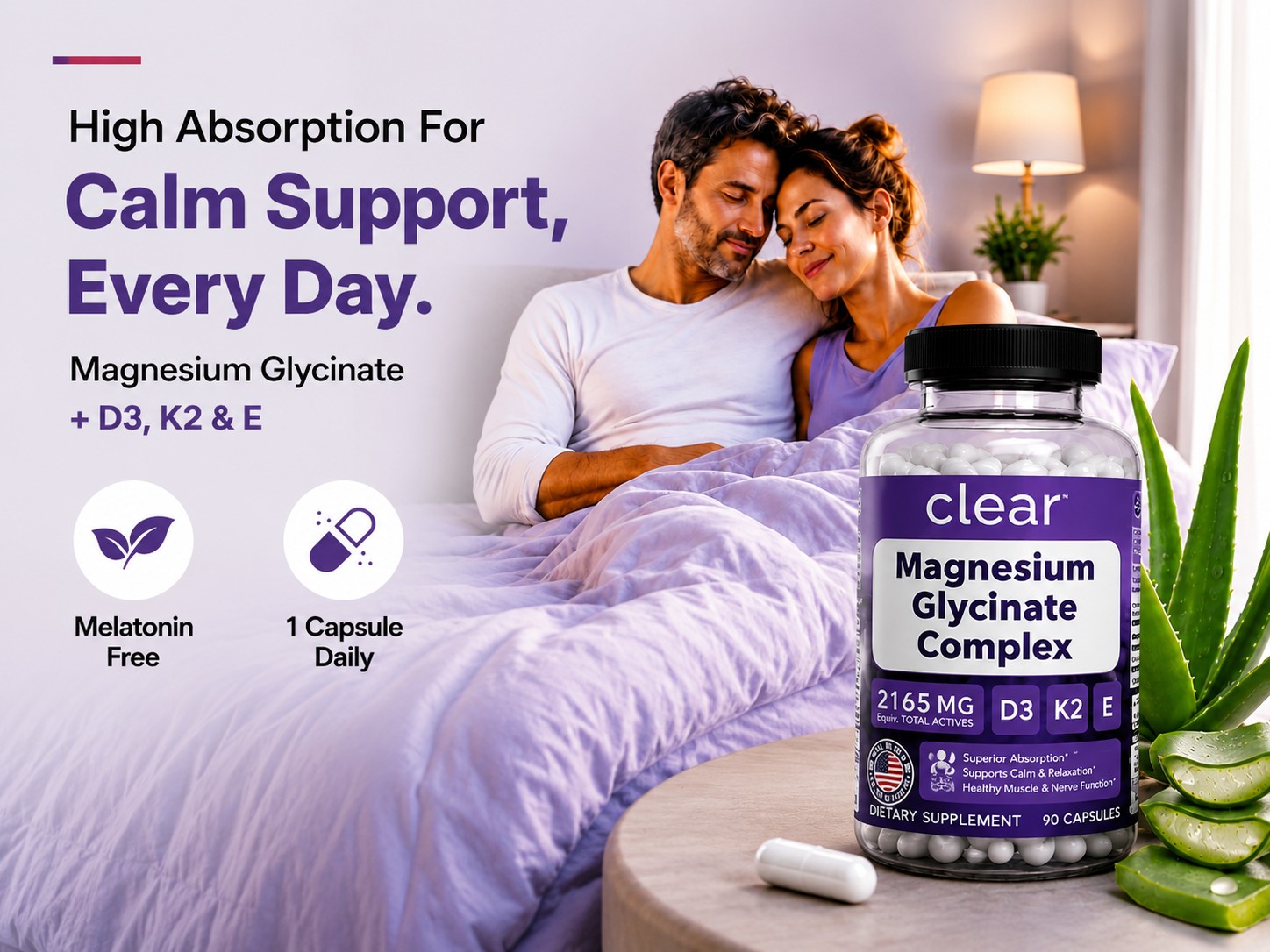 Clear Magnesium Glycinate Complex 160mg High Absorption Chelated + D3 K2 E