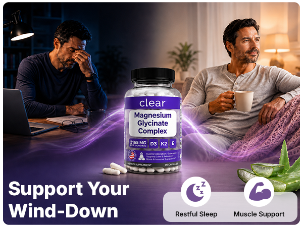 Clear Magnesium Glycinate Complex 160mg High Absorption Chelated + D3 K2 E