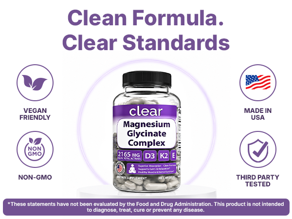 Clear Magnesium Glycinate Complex 160mg High Absorption Chelated + D3 K2 E