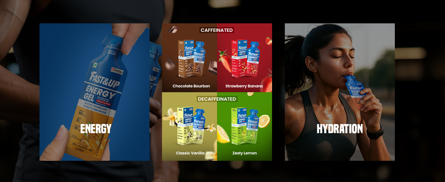 Fast&Up Energy Gel- Zesty Lemon flavour (Caffeine free) - Pack of 6 Gel Sachets, 39g per sachet- For Instant energy boost, Improved endurance and performance
