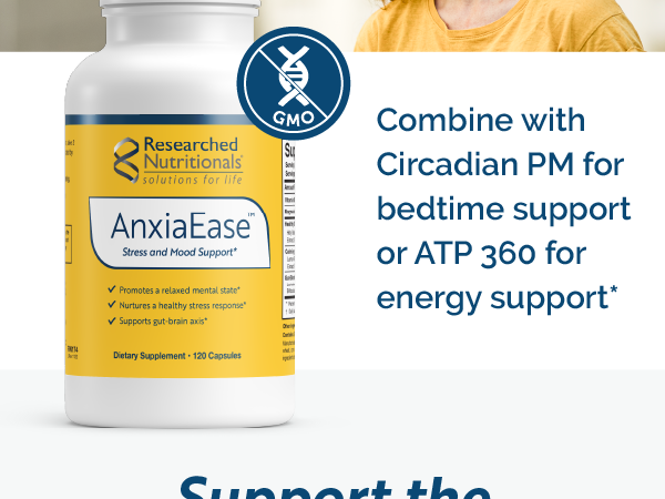 Researched Nutritionals AnxiaEase - Stress, Cortisol Management & Mood Support Supplement - Botanicals, Vitamin B6, Magnesium & 'Psychobiotic' Probiotic Strains (120 Capsules)