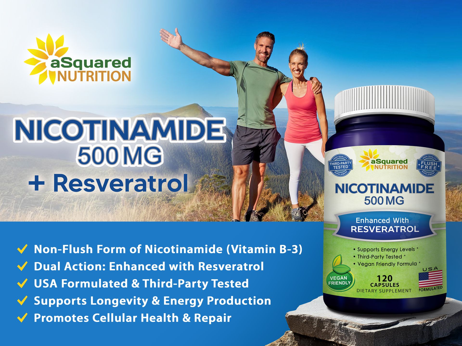 Nicotinamide with Resveratrol - 120 Capsules - Vitamin B3 500mg Supplement