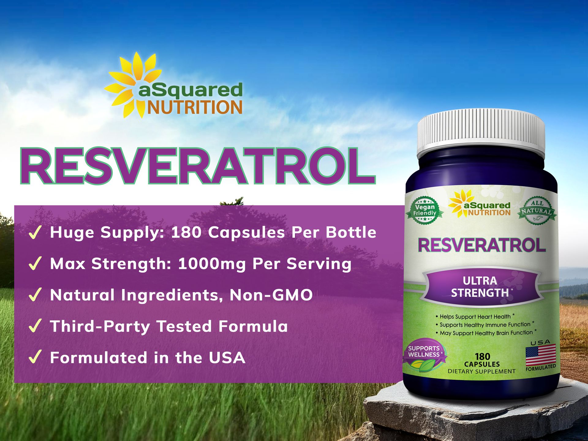 100% Natural Resveratrol Supplement - 1000mg Per Serving - 180 Capsules