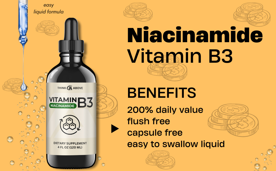Liquid Vitamin B3 (as Niacinamide) Supplement - Non Flush Form of Niacin - Fast Absorption -Convenient Niacin Drops for Women and Men - 4 oz (120ml )
