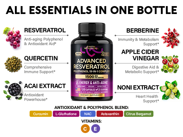 Resveratrol + Berberine, Quercetin, ACV, Acai & Noni Supplement - 120 Caps