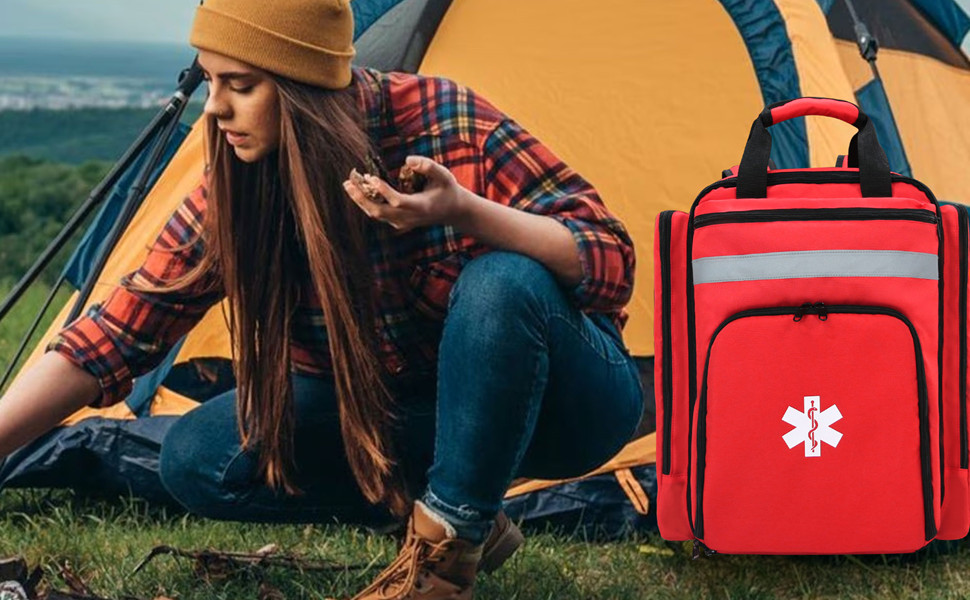 Emergency Medical Backpack, Empty First Aid Bag, First Aid Trauma Bag, with Reflector, Large Capacity (Red)