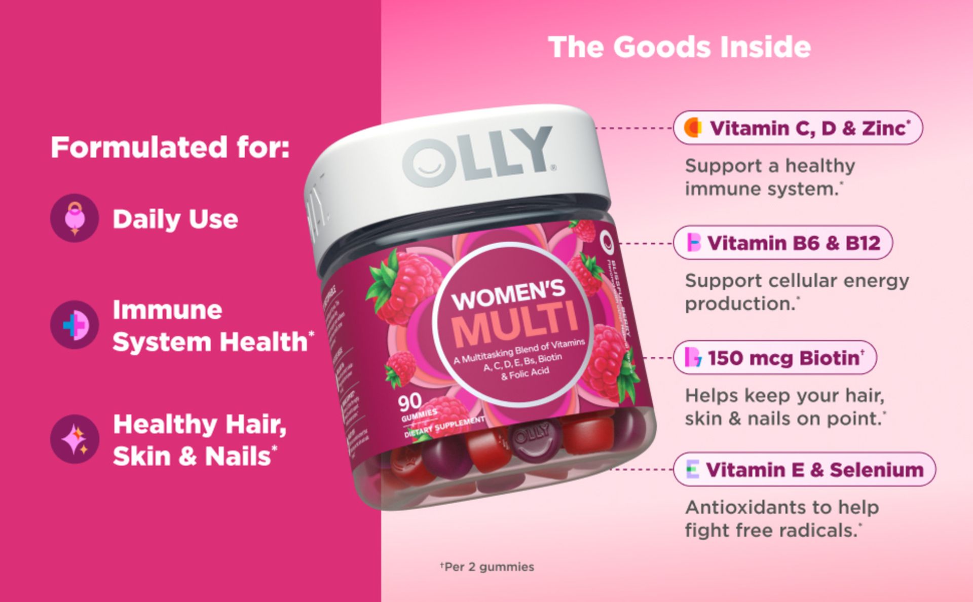 OLLY Women's Multivitamin, Supports Overall Wellness,* Biotin - 90 Count