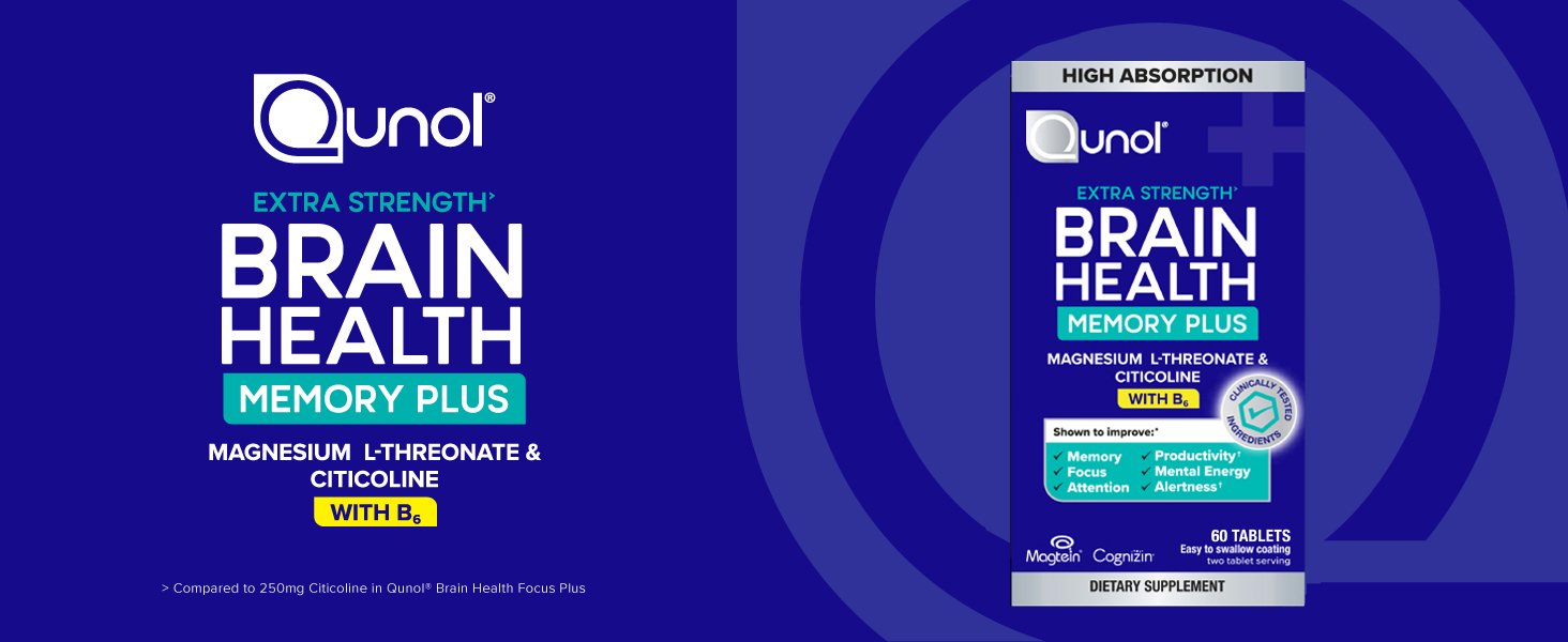 Qunol Brain Health Memory Plus w/Magtein, Cognizin & Vitamin B6, 60ct