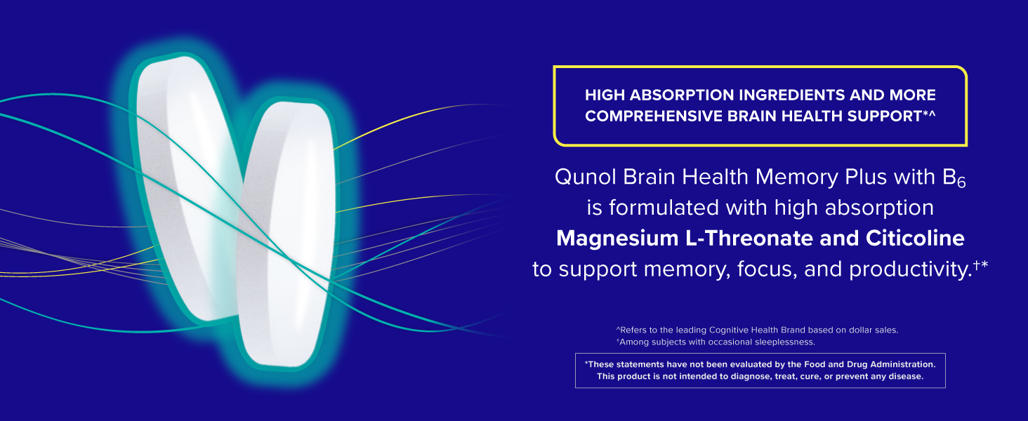 Qunol Brain Health Memory Plus w/Magtein, Cognizin & Vitamin B6, 60ct