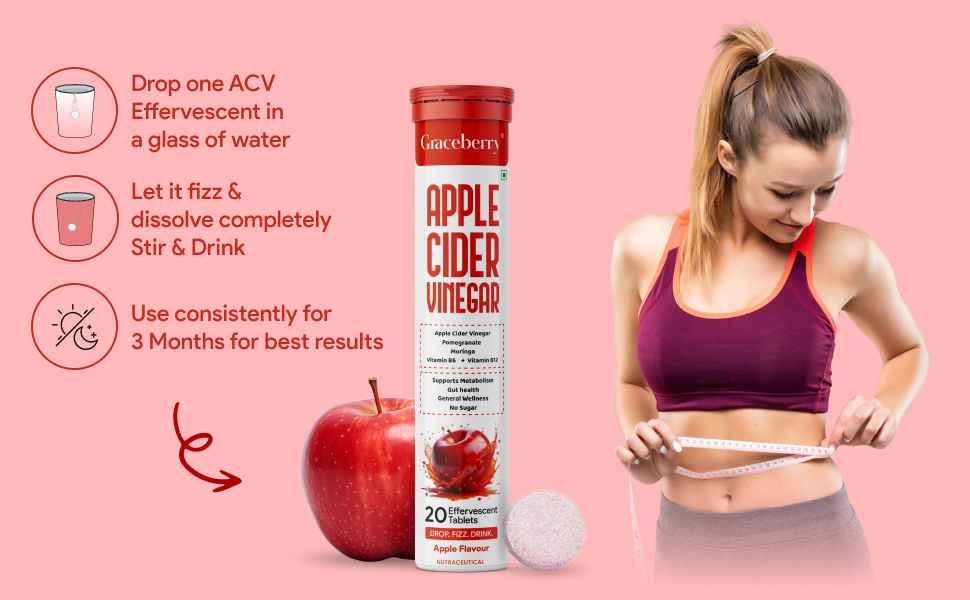 Graceberry Apple Cider Vinegar Effervescent Tablet with Mother- 20 Tablets | 500mg ACV For Metabolism, Weight Management | Pomegranate & Moringa, Vit B6 & B12 | No Added Sugar | Pack of 1