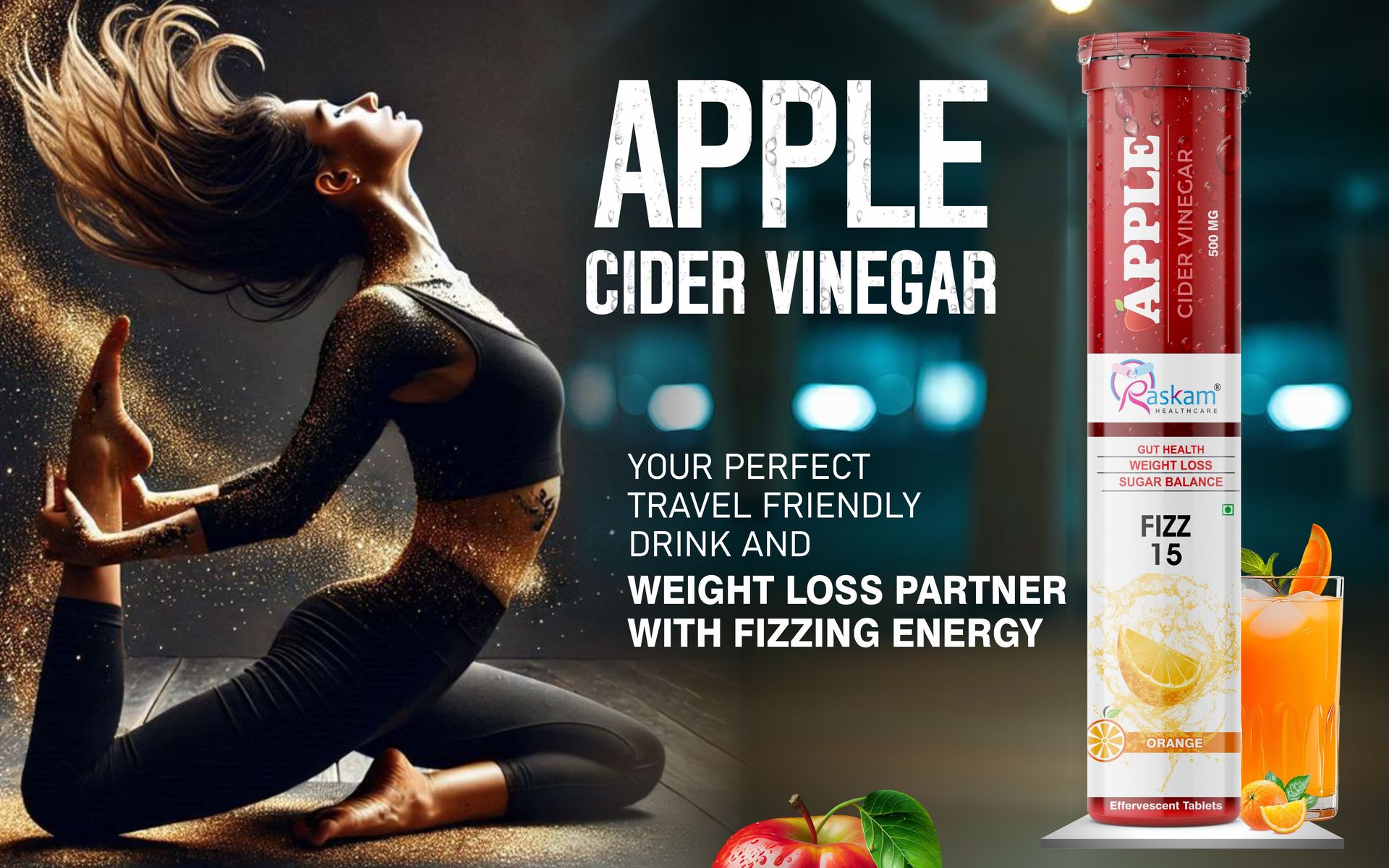 ACV Apple Cider Vinegar Effervescent Fizz 15 Tablets - For Weight Loss | Refreshing Detox & Metabolism Boost, No added Sugar (Pack of 1), Orange Flavour