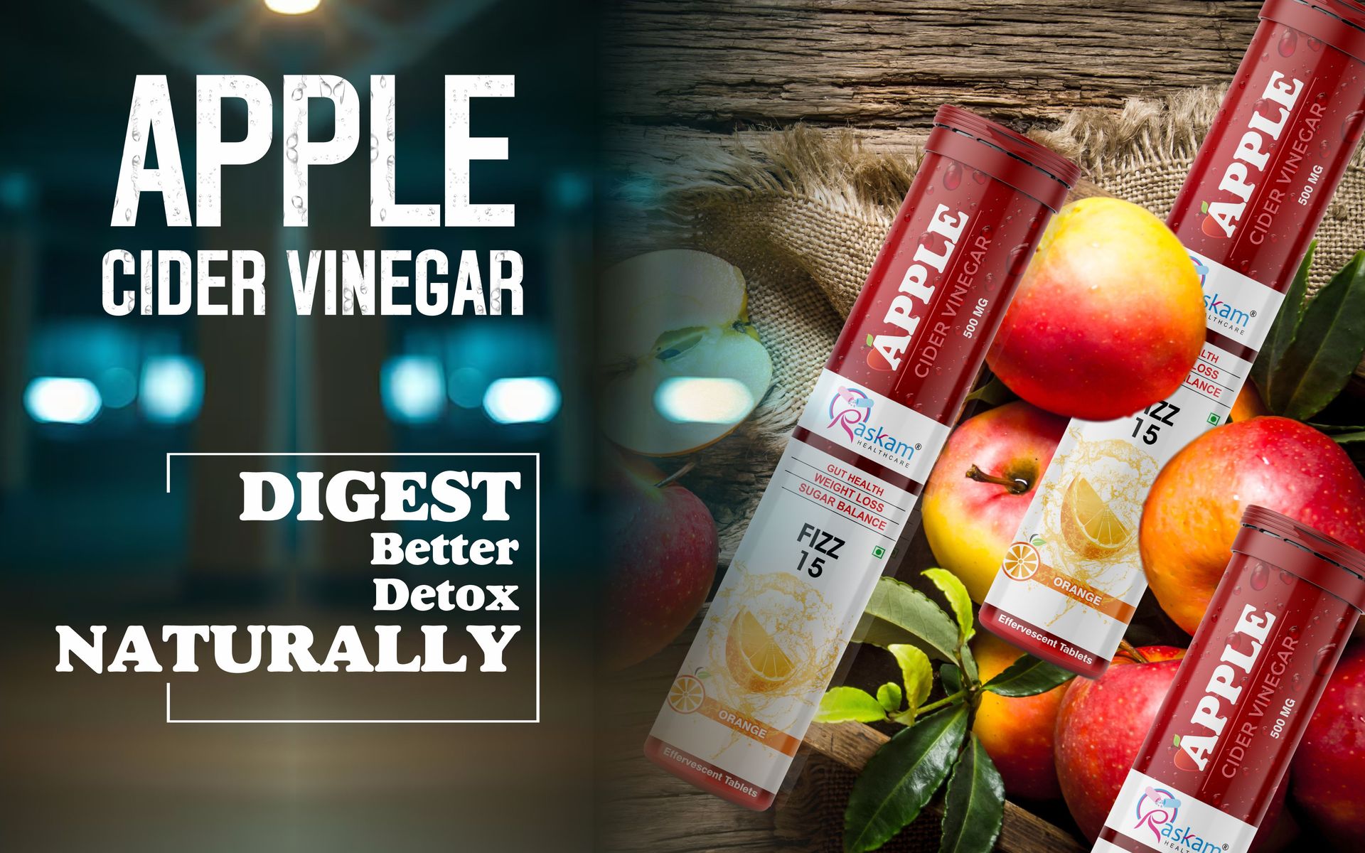 ACV Apple Cider Vinegar Effervescent Fizz 15 Tablets - For Weight Loss | Refreshing Detox & Metabolism Boost, No added Sugar (Pack of 1), Orange Flavour