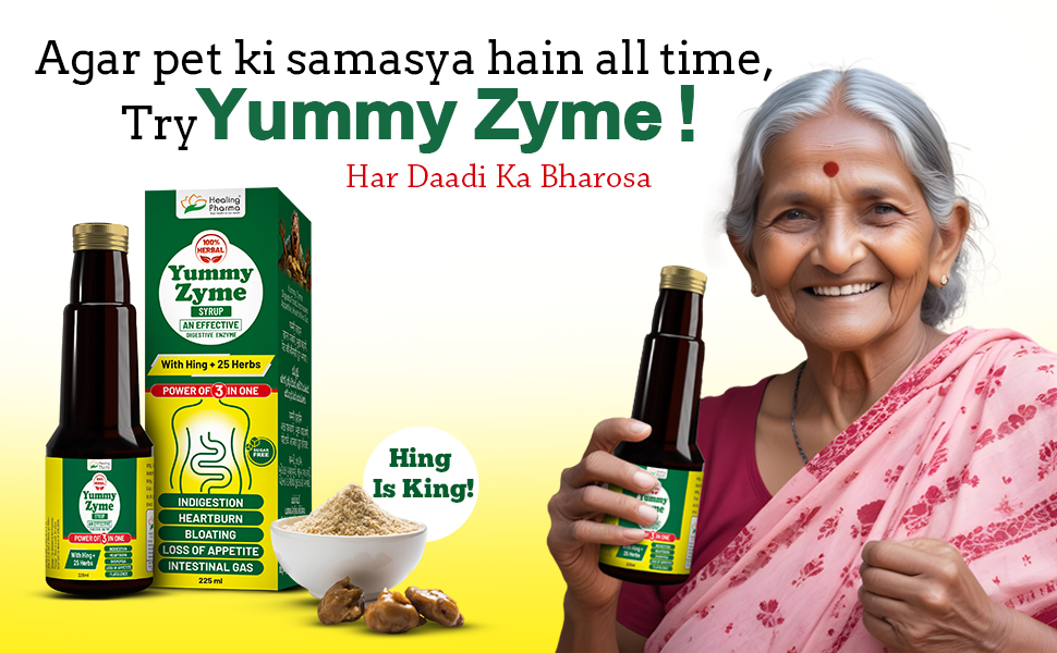Healing Pharma - Yummy Zyme Digestive Enzyme Syrup | Ayurvedic Digestive Tonic with Hing & 25 Herbs | Relieves Indigestion, Bloating, Heartburn & Intestinal Gas | Sugar Free | 225 ml