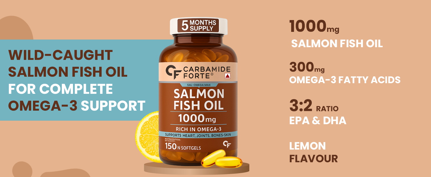 Carbamide Forte Salmon Omega 3 Fish Oil Capsules 1000mg | Salmon Fish Oil Omega 3 Capsule With Vitamin D3 + E For Men & Women | Omega3 Fishoil Supplement For Heart, Joints, Bones & Skin - 90 Softgels