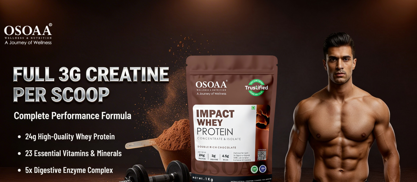 OSOAA Impact Whey Protein 1kg- Belgian Chocolate | Isolate & Concentrate | 24g Protein & 3g Creatine with 5X Digestive Enzymes | Trustified Certified & NABL Lab Tested