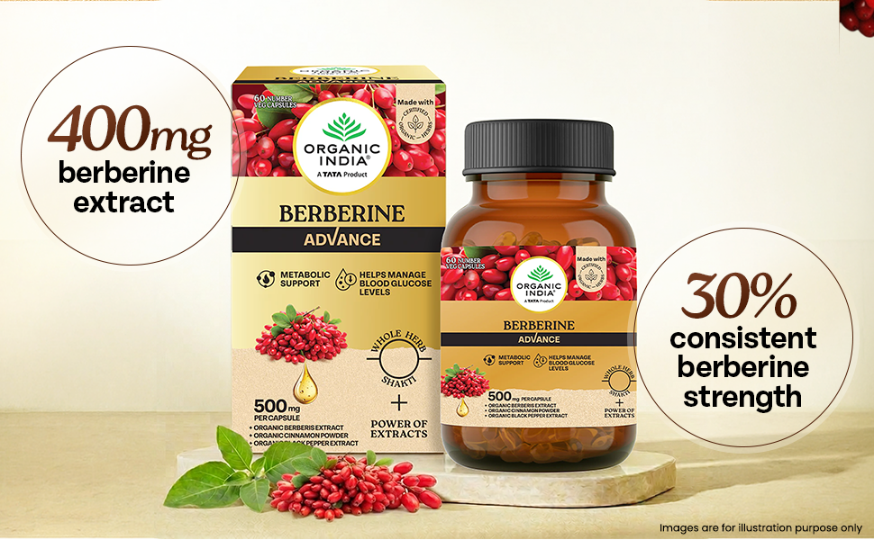 Organic India Berberine Advance Capsules, 60 Veg Capsules, 500 mg per Capsule, With Organic Cinnamon & Black Pepper Extract, Metabolic Support & Blood Glucose Balance