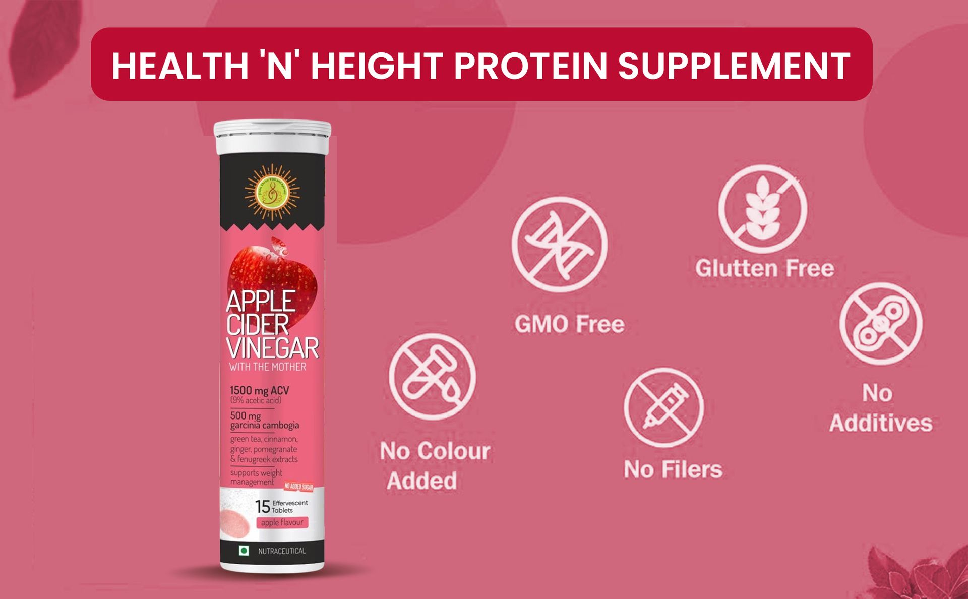 Yog and Ayurved ACV Apple Cider Vinegar 1500mg Effervescent Tablet With Garcinia extract, Pomogranate extract, Green Tea, Fenugreek, Cinnamon, Vitamin C, B12 & B6, No Sugar 15 Tablet Pack Of 1