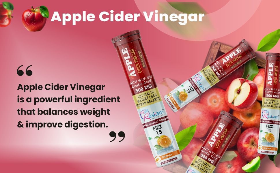 Apple Cider Vinegar Effervescent Tablet ACV With Mother 15 Effervescent Tablets 500mg (Pack of 1, Orange)